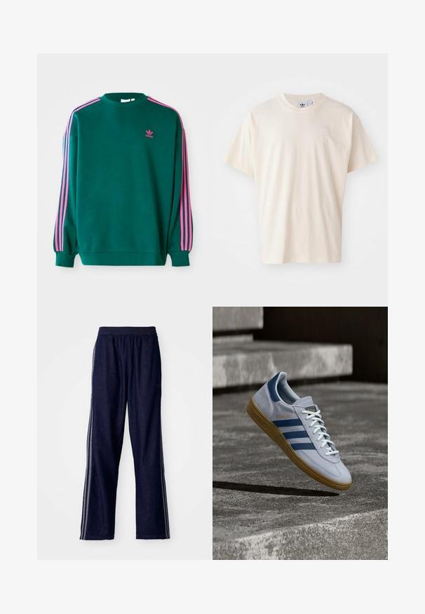 Grüner Sweatshirt mit langen Ärmeln, Rundhalsausschnitt, rosa drei Streifen Akzenten an den Schultern und kleinem rosa Logo auf der Brust. Weiche Stoffstruktur.; Cremfarbene Baumwoll-T-Shirt mit rundem Halsauschnitt und kurzen Ärmeln; verfügt über ein kleines, helles Logo auf der Brust.; Marineblaue Sporthosen mit einem elastischen Bund, ausgestattet mit drei weißen seitlichen Streifen und einem geraden Bein. Weicher Denim-Look.; Hellblauer Adidas Spezial Sneaker mit dunkelblauen Streifen und Gummisohle, in der Luft über Betontreppen in neutralem Außenbereich gezeigt.