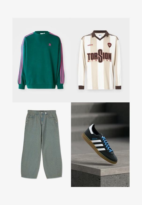 Πράσινο sweatshirt με μακριά μανίκια, στρογγυλή λαιμόκοψη, ροζ τρεις-γραμμές λεπτομέρειες στους ώμους και μικρό ροζ λογότυπο στο στήθος. Μαλακή υφή υφάσματος.; Μακρυμάνικη ποδοσφαιρική φανέλα σε μπεζ και λευκές ρίγες· διαθέτει καφέ γιακά και μανσέτες, μεγάλο κόκκινο λογότυπο "TORSION SYSTEM" και σήμανση adidas.; Ανοιχτό μπλε παντελόνι τζιν με φαρδιά γραμμή, κατασκευασμένο από τζιν υλικό, διαθέτει πέντε τσέπες, αντίθετη ραφή και διακριτή υφή σε όλο το ύφασμα.; Μαύρο αθλητικό παπούτσι Adidas με λευκές ρίγες, μπλε κορδόνια και καουτσούκ σόλα να αιωρείται πάνω από γκρίζο τσιμεντένιο σκαλοπάτι σε απαλό φως.