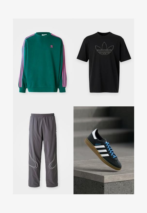 Sudadera verde con mangas largas, cuello redondo, acentos en tres franjas rosas en los hombros y pequeño logo rosa en el pecho. Textura de tela suave.; Camiseta de algodón negra que presenta un gran logo de Adidas contorneado con líneas horizontales en un material reflectante en la parte frontal. Mangas cortas.; Pantalones deportivos grises para hombre con cintura elástica, bolsillos con cremallera y acentos reflectantes blancos en los laterales. Textura ligera y suave.; Zapatilla negra Adidas con franjas blancas, cordones azules y suela de goma flotando sobre un escalón de hormigón gris con luz suave.