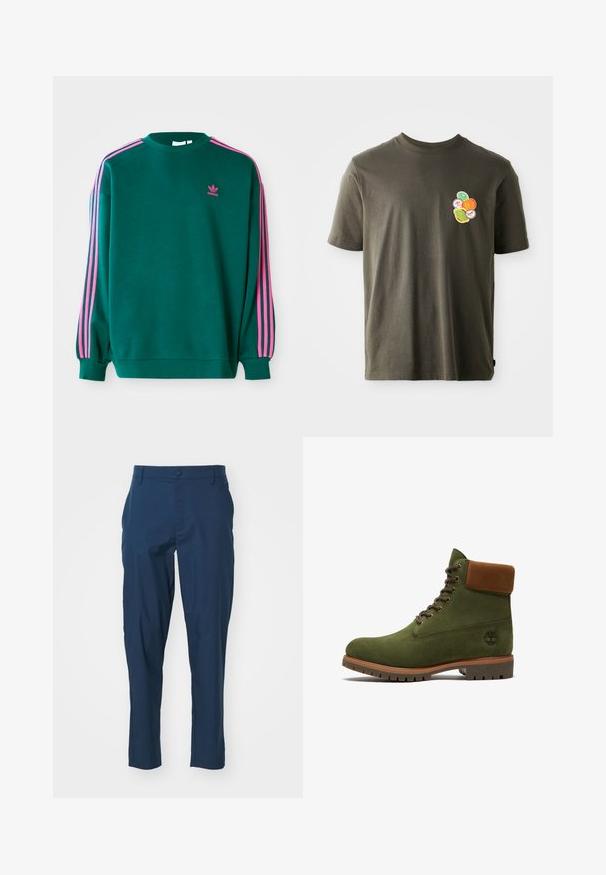 Grüner Sweatshirt mit langen Ärmeln, Rundhalsausschnitt, rosa drei Streifen Akzenten an den Schultern und kleinem rosa Logo auf der Brust. Weiche Stoffstruktur.; Dunkelolivgrünes Baumwoll-T-Shirt mit Rundhalsausschnitt. Verfügt über ein farbenfrohes Druckdesign mit kreisförmigen Motiven im linken Brustbereich.; Marineblaue Hose aus glattem Stoff, körpernahe Passform, mit Fronttaschen und einem knöpfbaren Verschluss an der Taille. Keine sichtbaren Muster.; Grüner Wildleder-Schnürstiefel mit braun gepolstertem Kragen, robuster Sohle und Timberland-Logo an der Seite.