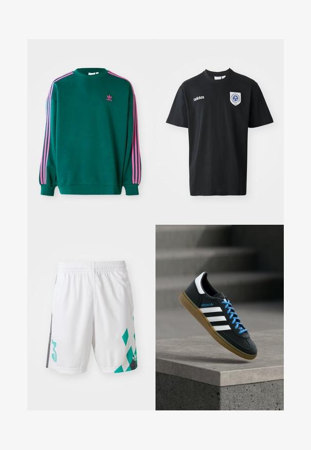 Grøn sweatshirt med lange ærmer, rund hals, pink tre-stribede detaljer på skuldrene og lille pink logo på brystet. Blødt stof.; Sort kortærmet t-shirt lavet af bomuld, med rund hals. Indeholder hvidt Adidas-logo og et mærke med et blåt emblem på venstre bryst.; Hvide sportsshorts med elastisk talje, med et teal geometrisk mønster og sorte detaljer på siderne. Indeholder et stort nummer "3."; Sort Adidas sneaker med hvide striber, blå snørebånd og gummisål, der svæver over gråt betontrin i blødt lys.