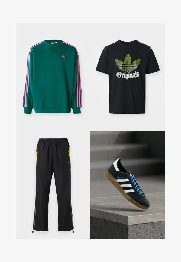 Grøn sweatshirt med lange ærmer, rund hals, pink tre-stribede detaljer på skuldrene og lille pink logo på brystet. Blødt stof.; Sort bomulds T-shirt med et slidt grønt grafik med tre striber og ordet "Originals" nedenfor i hvidt, rund halsudskæring, korte ærmer.; Sorte træningsbukser med gule sideaccenter, elastisk talje og lynlåslommer på siden. Fremstillet af let og glat stof.; Sort Adidas sneaker med hvide striber, blå snørebånd og gummisål, der svæver over gråt betontrin i blødt lys.