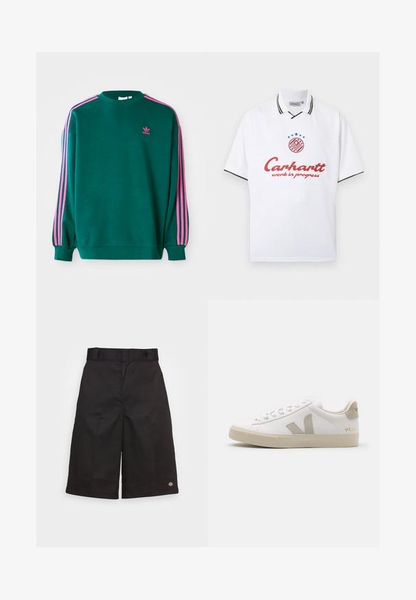 Groene sweatshirt met lange mouwen, ronde hals, roze drievoudige strepen accenten op de schouders en een klein roze logo op de borst. Zachte stoftextuur.; Witte polo met korte mouwen, zwart randje aan de kraag en mouwen, rode tekst 'Carhartt work in progress' en een ronde logo met blauwe sterren erboven.; Zwarte katoenen shorts met een rechte snit, knielengte, voorzien van een zichtbaar merklogo op de zoom en een gladde textuur.; Witte leren sneaker met beige accenten, platte rubberen zool, ronde neus en contrasterend logo aan de zijkant en achterkant. Vetersluiting.
