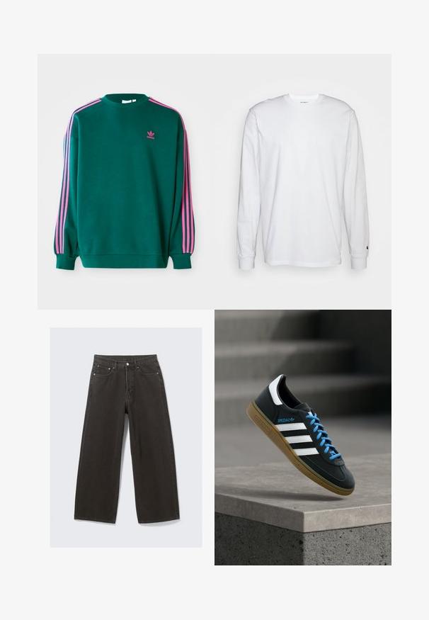 Πράσινο sweatshirt με μακριά μανίκια, στρογγυλή λαιμόκοψη, ροζ τρεις-γραμμές λεπτομέρειες στους ώμους και μικρό ροζ λογότυπο στο στήθος. Μαλακή υφή υφάσματος.; Λευκό μπλουζάκι με μακριά μανίκια από βαμβάκι. Σχέδιο crew neck με ριμπ μανίκια και μικρό λογότυπο στο αριστερό μανίκι. Λείος υφάνσεις.; Τα φαρδιά μαύρα τζιν έχουν ψηλή μέση, πέντε τσέπες και κούμπωμα με κουμπί. Το ύφασμα έχει απαλή, texturizada υφή.; Μαύρο αθλητικό παπούτσι Adidas με λευκές ρίγες, μπλε κορδόνια και καουτσούκ σόλα να αιωρείται πάνω από γκρίζο τσιμεντένιο σκαλοπάτι σε απαλό φως.