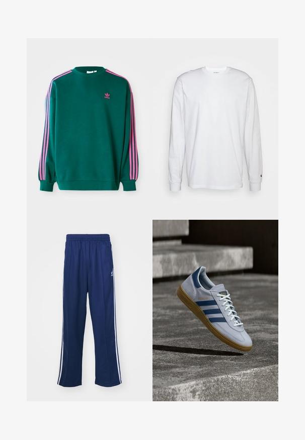 Grüner Sweatshirt mit langen Ärmeln, Rundhalsausschnitt, rosa drei Streifen Akzenten an den Schultern und kleinem rosa Logo auf der Brust. Weiche Stoffstruktur.; Weißes Langarm-T-Shirt aus Baumwolle. Rundhals-Design mit gerippten Bündchen und kleinem Logo auf dem linken Ärmel. Glatte Textur.; Marineblaue Sporthosen mit einem lockeren Schnitt, ausgestattet mit weißen seitlichen Streifen und einem elastischen Bund. Glattes Material, keine sichtbaren Muster oder Beschläge.; Hellblauer Adidas Spezial Sneaker mit dunkelblauen Streifen und Gummisohle, in der Luft über Betontreppen in neutralem Außenbereich gezeigt.