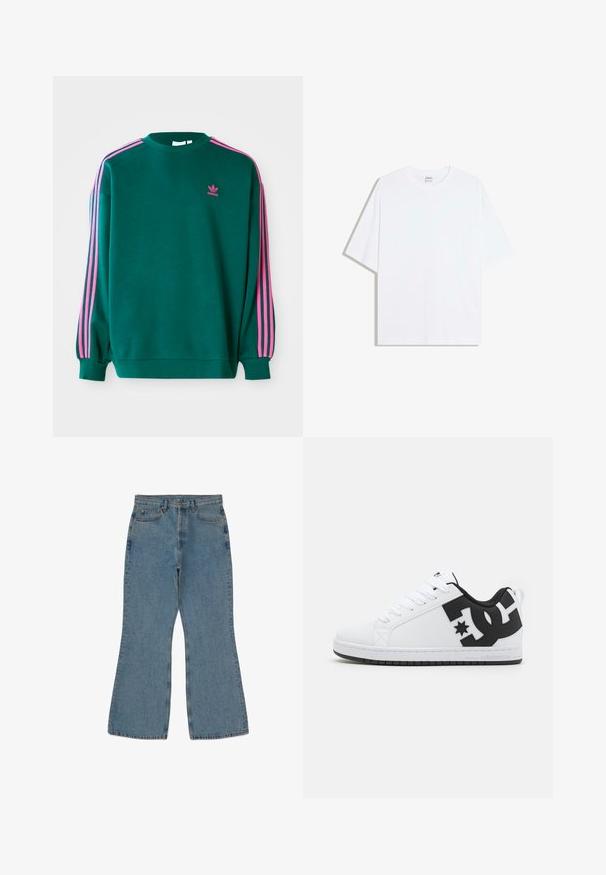 Grøn sweatshirt med lange ærmer, rund hals, pink tre-stribede detaljer på skuldrene og lille pink logo på brystet. Blødt stof.; Hvid oversized bomulds t-shirt med rund hals og korte ærmer; glat tekstur, uden synlige mønstre eller accenter.; Lyseblå denim flare jeans med høj talje, synlige sømme og fem-lomme design. Stoffet har en blød, tekstureret overflade.; Hvide atletiske sko med en glat syntetisk overdel, der har sorte logo-detaljer og en gummisål. Snørebåndsdesign, med afrundet tåform.