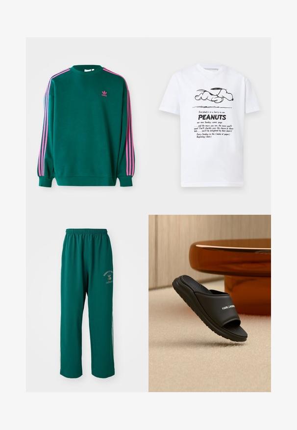 Grüner Sweatshirt mit langen Ärmeln, Rundhalsausschnitt, rosa drei Streifen Akzenten an den Schultern und kleinem rosa Logo auf der Brust. Weiche Stoffstruktur.; Weißes T-Shirt mit einer schwarzen Strichzeichnung von Snoopy, der liegt, über einem Text, der die Peanuts-Sonntagscomicseite bewirbt.; Grüne Sporthose aus glattem Stoff, mit elastischem Bund, Logo-Druck auf einer Seite und weißen Seitennähten. Normale Passform.; Schwarze Rutsch-Sandale mit Karl Lagerfeld-Logo auf der gepolsterten Sohle, positioniert auf beigem Teppich neben dem runden braunen Tischgestell.