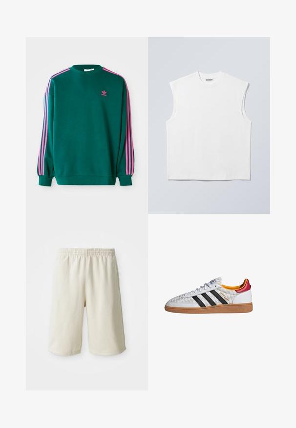 Grüner Sweatshirt mit langen Ärmeln, Rundhalsausschnitt, rosa drei Streifen Akzenten an den Schultern und kleinem rosa Logo auf der Brust. Weiche Stoffstruktur.; Weißes ärmelloses Baumwolltop mit Rundhalsausschnitt und strukturierten Schultern, mit "WEEKDAY" auf dem Kragenetikett versehen, vor hellgrauem Hintergrund dargestellt.; Helle beige Sportshorts mit elastischem Bund, glatter Textur und dezentem Logodetail an der unteren linken Seite. Ohne Taschen.; Weißer Adidas Spezial Sneaker mit schwarzen Streifen, Gummisohle, gestepptem Muster, rotem Fersenlaschen und gelber Innenausstattung, Seitenansicht.