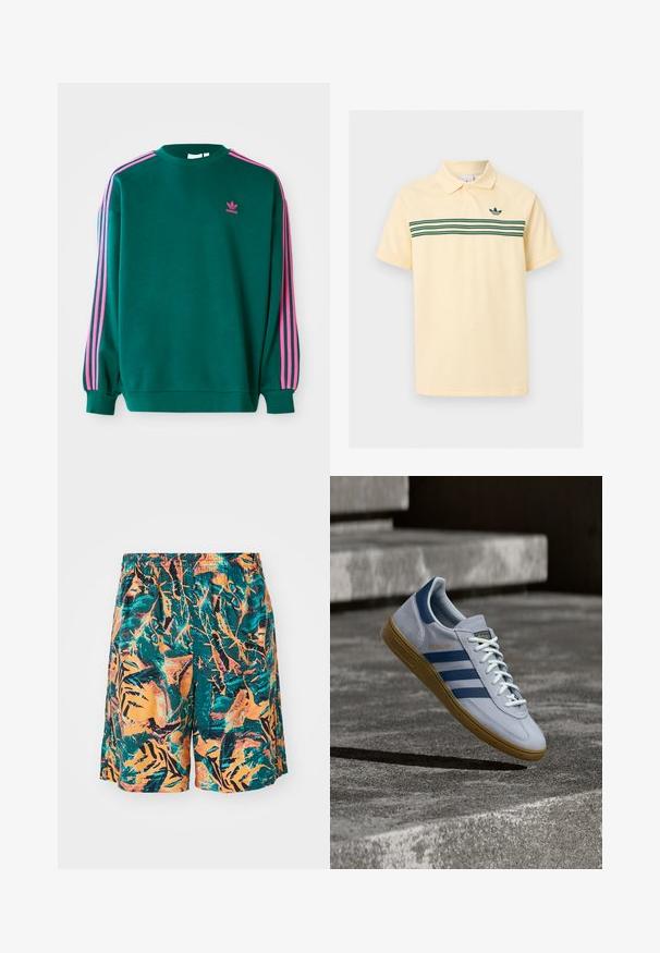 Sudadera verde con mangas largas, cuello redondo, acentos en tres franjas rosas en los hombros y pequeño logo rosa en el pecho. Textura de tela suave.; Polo de manga corta amarillo pálido con tres franjas horizontales verdes y un logo verde de Adidas en el pecho.; Bañador con un patrón de hojas de jungla en naranja, verde azulado y negro, fabricado en tejido liviano y con una cinturilla elástica para mayor comodidad.; Zapatilla Adidas Spezial azul claro con rayas azul marino y suela de goma, mostrada en el aire sobre escalones de hormigón en un entorno exterior neutral.