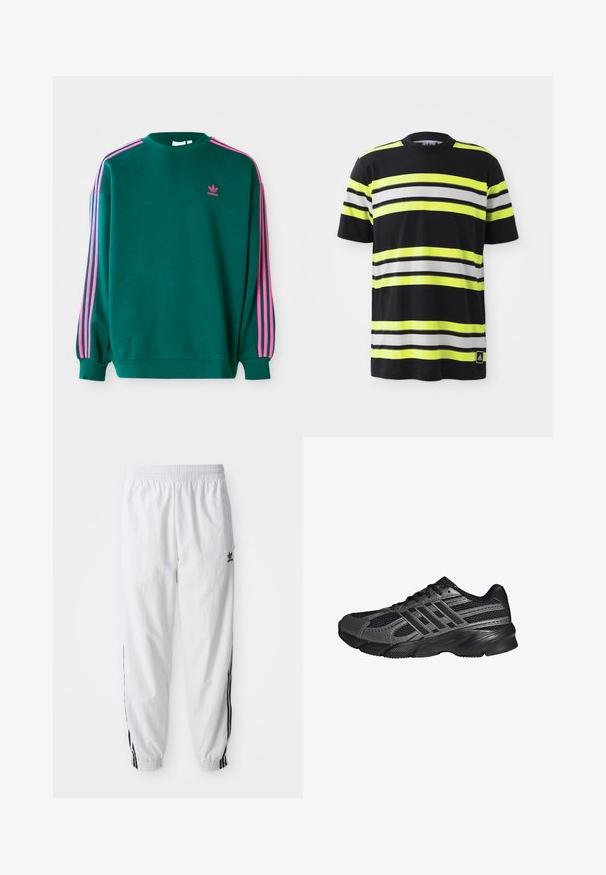 Sudadera verde con mangas largas, cuello redondo, acentos en tres franjas rosas en los hombros y pequeño logo rosa en el pecho. Textura de tela suave.; Camiseta negra con rayas horizontales en amarillo neón, blanco y negro. Presenta un cuello redondo y un logo de Adidas en la parte inferior izquierda.; Pantalones deportivos blancos con franjas laterales negras, banda elástica en la cintura y puños; presenta el logo de Adidas en el muslo izquierdo. Textura de tela lisa.; Zapatillas deportivas negras hechas de malla y materiales sintéticos, que presentan una superficie texturizada, múltiples rayas grises y un collar acolchado.