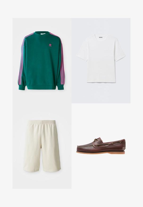 Sweat-shirt vert avec des manches longues, col rond, accents roses à trois bandes sur les épaules, et petit logo rose sur la poitrine. Texture de tissu douce.; T-shirt blanc uni à manches courtes et col rond, avec une petite étiquette "WEEKDAY" à l'intérieur du col arrière, présenté à plat.; Shorts de sport beige clair avec une taille élastique, texture lisse et détail de logo discret en bas à gauche. Sans poches.; Chaussure bateau en cuir marron avec coutures blanches, détails de lacets et semelle en caoutchouc beige, vue de côté sur fond blanc.