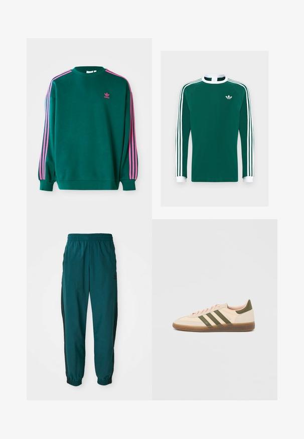 Grüner Sweatshirt mit langen Ärmeln, Rundhalsausschnitt, rosa drei Streifen Akzenten an den Schultern und kleinem rosa Logo auf der Brust. Weiche Stoffstruktur.; Langarmshirt aus grüner Baumwolle mit weißem Kragen und Bündchen, das auf jedem Arm drei weiße Streifen und ein kleines weißes Logo auf der Brust hat.; Türkise Sporthose mit einem Kordelzugbund, elastischen Bündchen und seitlichen schwarzen Streifen. Hergestellt aus leichtem Stoff und mit einem Logo in der Nähe der Hüfte.; Flacher, beigefarbener Adidas Spezial Sneaker mit grünen Streifen, Gummisohle und "SPEZIAL" Schriftzug an der Seite, von der Außenseite gezeigt.