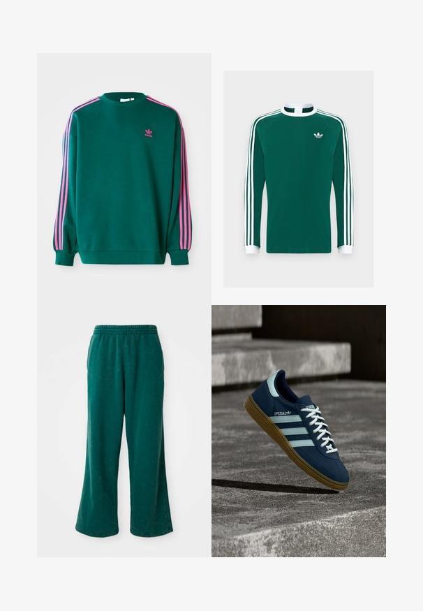 Sudadera verde con mangas largas, cuello redondo, acentos en tres franjas rosas en los hombros y pequeño logo rosa en el pecho. Textura de tela suave.; Camisa de algodón verde de manga larga con cuello y puños blancos, que presenta tres rayas blancas en cada manga y un pequeño logotipo blanco en el pecho.; Pantalones de chándal verdes de pierna ancha con una textura suave, que cuentan con una cinturilla elástica y bolsillos laterales. Tejido duradero con un corte relajado.; Zapatilla azul Adidas Spezial con rayas y cordones blancos, suela de goma, flotando sobre una superficie de hormigón rugosa y escaleras de fondo.