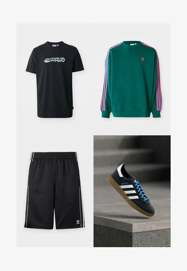 Grüner Sweatshirt mit langen Ärmeln, Rundhalsausschnitt, rosa drei Streifen Akzenten an den Schultern und kleinem rosa Logo auf der Brust. Weiche Stoffstruktur.; Schwarzes Baumwoll-T-Shirt mit kurzen Ärmeln, das auf der Vorderseite ein glänzendes, mehrfarbiges "ADIDAS"-Logo zeigt. Klassisches Rundhalsausschnitt-Design.; Schwarze Adidas-Sportshorts mit weißen Seitenstreifen, elastischem Bund, Seitentaschen und Adidas-Logo am unteren linken Bein.; Schwarzer Adidas-Sneaker mit weißen Streifen, blauen Schnürsenkeln und Gummisohle, der über einer grauen Betontreppe im weichen Licht schwebt.