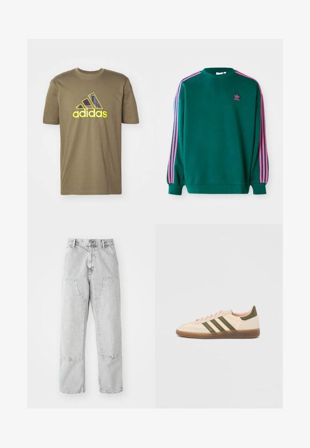 Πράσινο sweatshirt με μακριά μανίκια, στρογγυλή λαιμόκοψη, ροζ τρεις-γραμμές λεπτομέρειες στους ώμους και μικρό ροζ λογότυπο στο στήθος. Μαλακή υφή υφάσματος.; Ελιάς πράσινο βαμβακερό μπλουζάκι με μεγάλο μαύρο και κίτρινο λογότυπο Adidas. Κοντά μανίκια και κλασικός σχεδιασμός με στρογγυλή λαιμόκοψη.; Ανοιχτό γκρίζες τζην παντελόνες με χαλαρή εφαρμογή, που διαθέτουν μεγάλες πλαϊνές τσέπες, ορατές ραφές και ίσια γραμμή. Θηλιές ζώνης στη μέση.; Χαμηλού προφίλ μπεζ αθλητικό παπούτσι Adidas Spezial με πράσινες ρίγες, σόλα από καουτσούκ και την επωνυμία "SPEZIAL" στην πλευρά, εμφανίζεται από την εξωτερική πλευρά.