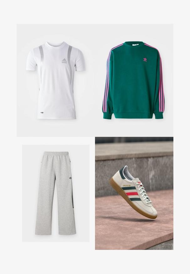 Grøn sweatshirt med lange ærmer, rund hals, pink tre-stribede detaljer på skuldrene og lille pink logo på brystet. Blødt stof.; Hvid kortærmet træningsskjorte med sølvdetaljer, med rund hals og et Adidas-logo på brystet. Lavet af fugttransporterende materiale.; Lysegrå vidtløftede joggingbukser med elastisk talje og sort Adidas trefoil-logo på højre lår.; Hvid Adidas sneaker med grønne og røde striber, gummisål og "SPEZIAL" branding, der svæver over stensat belægning.