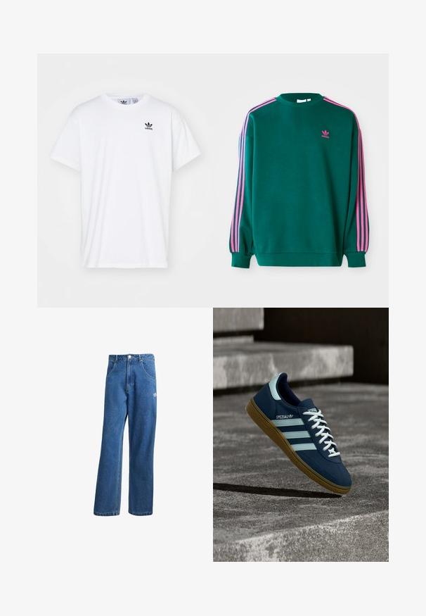 Πράσινο sweatshirt με μακριά μανίκια, στρογγυλή λαιμόκοψη, ροζ τρεις-γραμμές λεπτομέρειες στους ώμους και μικρό ροζ λογότυπο στο στήθος. Μαλακή υφή υφάσματος.; Λευκό βαμβακερό μπλουζάκι με κοντά μανίκια, στρογγυλή λαιμόκοψη και μαύρο λογότυπο Adidas με τρία ρίγες στην αριστερή περιοχή του στήθους.; Μπλε τζιν παντελόνι με ψηλή μέση, φαρδιά μπατζάκια, μπροστινές τσέπες, θηλιές ζώνης, κλείσιμο με κουμπί και μικρό λογότυπο Adidas στο δεξί μηρό.; Μπλε sneaker Adidas Spezial με λευκές ρίγες και κορδόνια, λαστιχένια σόλα, αιωρείται πάνω από τραχιά επιφάνεια σκυροδέματος και σκαλοπάτια στο φόντο.