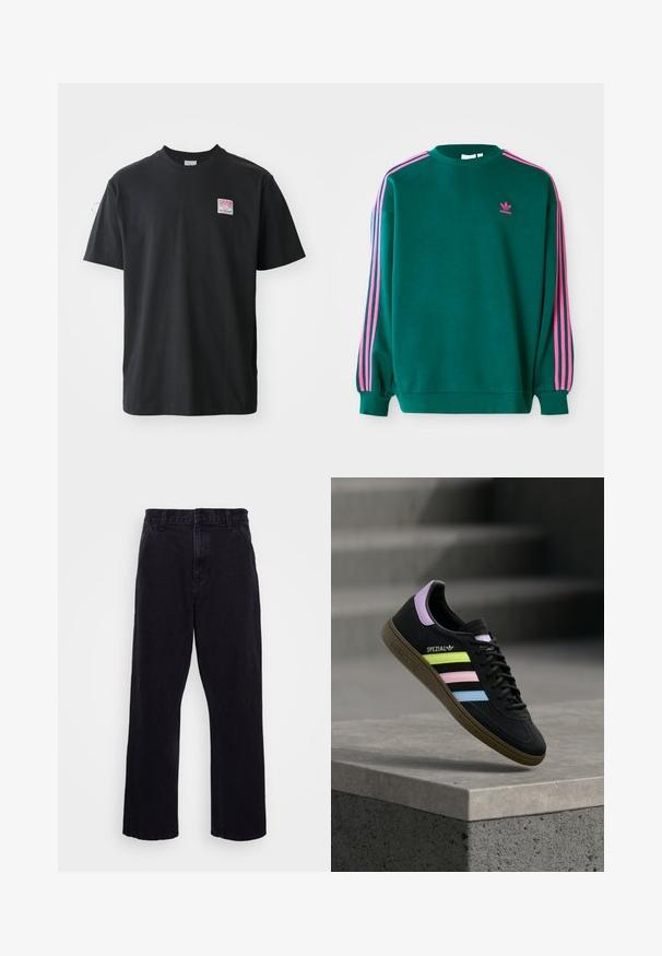 Grøn sweatshirt med lange ærmer, rund hals, pink tre-stribede detaljer på skuldrene og lille pink logo på brystet. Blødt stof.; Sort bomuld t-shirt med rund hals, korte ærmer og et lille farvet mærke på venstre bryst med ordet "SUPERIOR."; Sorte denimbukser med lige ben, der har en knap- og lynlåslukning, bæltestropper og minimale syninger.; Sort Adidas Spezial sneaker med pastelgule, pink og blå striber, lavendel hælstrop og brun sål, svævende over betonforkant.