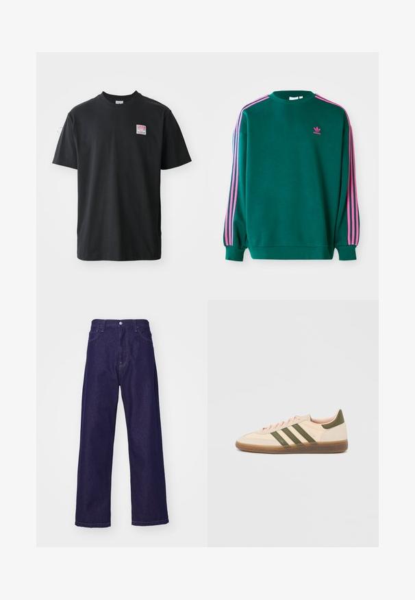 Grøn sweatshirt med lange ærmer, rund hals, pink tre-stribede detaljer på skuldrene og lille pink logo på brystet. Blødt stof.; Sort bomuld t-shirt med rund hals, korte ærmer og et lille farvet mærke på venstre bryst med ordet "SUPERIOR."; Mørkeblå denim bukser med vid ben, høj talje, der har forlommer og knaplukning, som viser en glat og robust tekstur.; Beige Adidas Spezial sneaker med lav profil, grønne striber, gummisål og "SPEZIAL"-branding på siden, vist fra ydersiden.