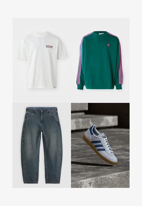Grüner Sweatshirt mit langen Ärmeln, Rundhalsausschnitt, rosa drei Streifen Akzenten an den Schultern und kleinem rosa Logo auf der Brust. Weiche Stoffstruktur.; Weißes Baumwoll-T-Shirt mit kurzen Ärmeln, Rundhalsausschnitt und einem roten Logo auf der linken Brustseite. Schlichtes Design ohne Muster.; Highwaist dunkelgraue Jeans aus Denim mit schrägen Vordertaschen, Knopfverschluss, Gürtelschlaufen und leicht zulaufenden Beinen.; Hellblauer Adidas Spezial Sneaker mit dunkelblauen Streifen und Gummisohle, in der Luft über Betontreppen in neutralem Außenbereich gezeigt.