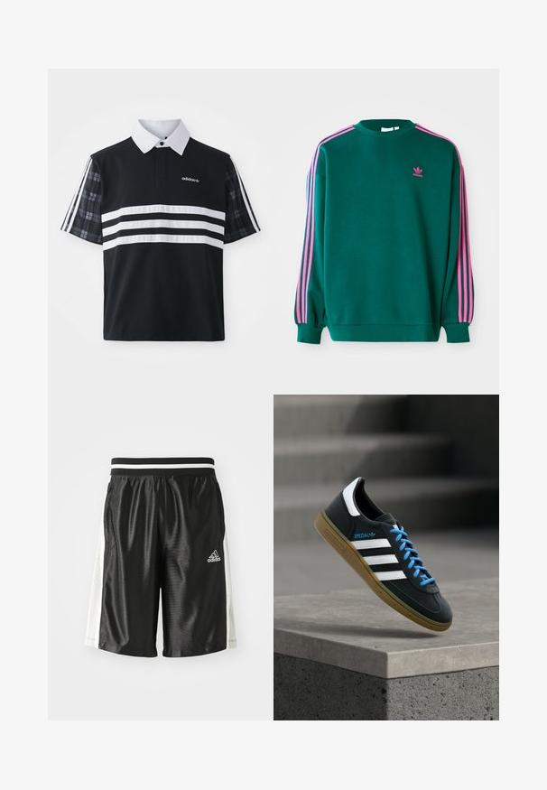 Sudadera verde con mangas largas, cuello redondo, acentos en tres franjas rosas en los hombros y pequeño logo rosa en el pecho. Textura de tela suave.; Camisa polo negra con rayas blancas y un logotipo; cuenta con mangas cortas de cuadros y un cuello blanco con una hilera de botones.; Pantalones cortos deportivos negros con una textura suave, cinturilla elástica con franjas blancas y paneles de malla en los laterales para mayor transpirabilidad. Logo de Adidas presente.; Zapatilla negra Adidas con franjas blancas, cordones azules y suela de goma flotando sobre un escalón de hormigón gris con luz suave.