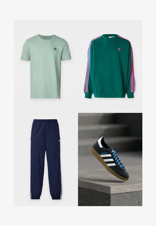 Πράσινο sweatshirt με μακριά μανίκια, στρογγυλή λαιμόκοψη, ροζ τρεις-γραμμές λεπτομέρειες στους ώμους και μικρό ροζ λογότυπο στο στήθος. Μαλακή υφή υφάσματος.; Κοντομάνικο μπλούζα σε μέντα πράσινο χρώμα με υφή, στρογγυλή λαιμόκοψη και σκούρο πράσινο λογότυπο της adidas στο αριστερό στήθος.; Σκούρο μπλε παντελόνι φόρμας από ελαφρύ ύφασμα, με λευκές ρίγες στο πλάι, ελαστική μέση και μικρό λογότυπο.; Μαύρο αθλητικό παπούτσι Adidas με λευκές ρίγες, μπλε κορδόνια και καουτσούκ σόλα να αιωρείται πάνω από γκρίζο τσιμεντένιο σκαλοπάτι σε απαλό φως.
