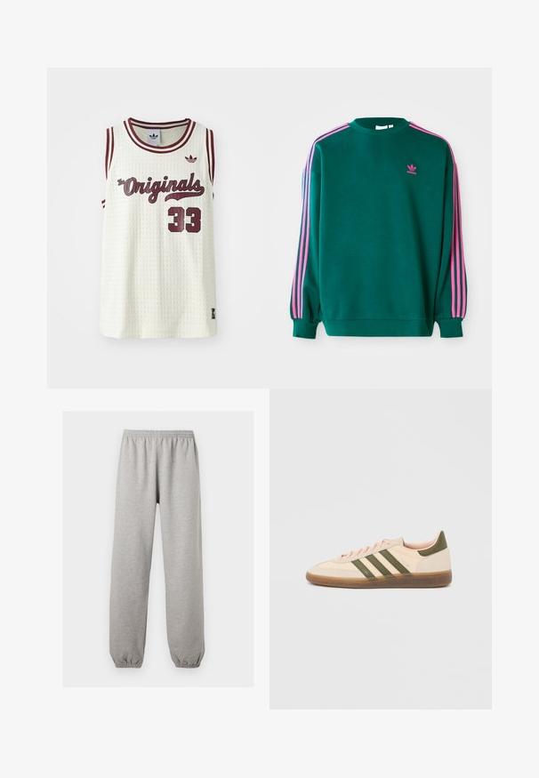 Roheline dressipluus pikade varrukatega, ümar kaelus, roosa kolme triibu aktsendid õlgadel ja väike roosa logo rinnal. Pehme kanga tekstuur.; Valge võrkkangas sansleeve jersey maroon aktsentidega, tekstiga "The Originals", number 33 ja väike logo vasakul rinnal.; Helehallid dressipüksid elastse vöökohaga ja mansettidega, sirge jala lõige, pehmest kangast.; Madalprofiilne beež Adidas Spezial toss rohelist värvi triipude, kummist tallaga ja "SPEZIAL" brändinguga küljel, nähtav välisküljelt.