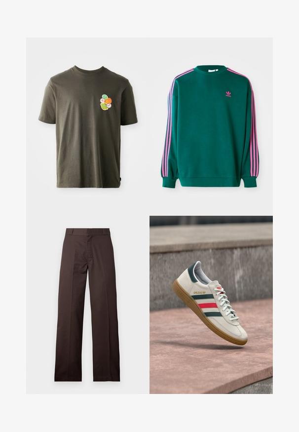 Grøn sweatshirt med lange ærmer, rund hals, pink tre-stribede detaljer på skuldrene og lille pink logo på brystet. Blødt stof.; Mørkeolivengrøn bomulds t-shirt med rund hals. Har et farverigt trykt design af cirkulære former på venstre brystområde.; Brune bukser med lige ben, bæltestropper og lynlås foran, vist mod en ens lys baggrund.; Hvid Adidas sneaker med grønne og røde striber, gummisål og "SPEZIAL" branding, der svæver over stensat belægning.