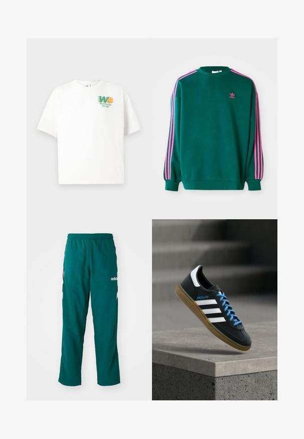 Πράσινο sweatshirt με μακριά μανίκια, στρογγυλή λαιμόκοψη, ροζ τρεις-γραμμές λεπτομέρειες στους ώμους και μικρό ροζ λογότυπο στο στήθος. Μαλακή υφή υφάσματος.; Λευκό βαμβακερό t-shirt με άνετη εφαρμογή. Διαθέτει ένα γραφικό λογότυπο σε πράσινο και πορτοκαλί χρώμα στο αριστερό στήθος, που γράφει "Worldwide Hoops."; Πράσινα αθλητικά παντελόνια από ελαφρύ ύφασμα, με ελαστική μέση, πλαϊνές τσέπες και λευκό λογότυπο Adidas στην αριστερή πλευρά.; Μαύρο αθλητικό παπούτσι Adidas με λευκές ρίγες, μπλε κορδόνια και καουτσούκ σόλα να αιωρείται πάνω από γκρίζο τσιμεντένιο σκαλοπάτι σε απαλό φως.