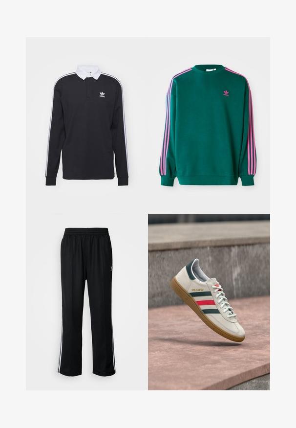 Grøn sweatshirt med lange ærmer, rund hals, pink tre-stribede detaljer på skuldrene og lille pink logo på brystet. Blødt stof.; Sort langærmet polo skjorte med hvid krave og tre hvide striber langs ærmerne; har et broderet Adidas-logo på brystet.; Sorte træningsbukser med elastisk talje, der har hvide sidestænger og et lille logo. Materialet ser blødt og let ud.; Hvid Adidas sneaker med grønne og røde striber, gummisål og "SPEZIAL" branding, der svæver over stensat belægning.
