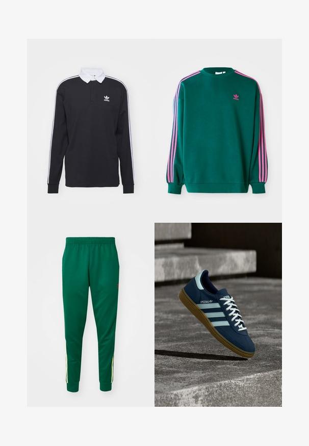 Πράσινο sweatshirt με μακριά μανίκια, στρογγυλή λαιμόκοψη, ροζ τρεις-γραμμές λεπτομέρειες στους ώμους και μικρό ροζ λογότυπο στο στήθος. Μαλακή υφή υφάσματος.; Μαύρο πόλο μπλουζάκι με μακριά μανίκια και λευκό γιακά, με τρεις λευκές ρίγες κατά μήκος των μανικιών; διαθέτει κεντημένο λογότυπο Adidas στο στήθος.; Πράσινες φόρμες φτιαγμένες από μαλακό ύφασμα, με κίτρινη ρίγα κατά μήκος των πλαϊνών, ελαστική ζώνη στη μέση και μανσέτες στο κάτω μέρος.; Μπλε sneaker Adidas Spezial με λευκές ρίγες και κορδόνια, λαστιχένια σόλα, αιωρείται πάνω από τραχιά επιφάνεια σκυροδέματος και σκαλοπάτια στο φόντο.