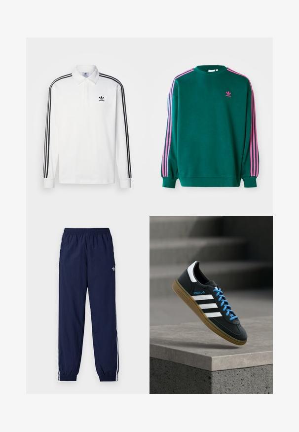 Grüner Sweatshirt mit langen Ärmeln, Rundhalsausschnitt, rosa drei Streifen Akzenten an den Schultern und kleinem rosa Logo auf der Brust. Weiche Stoffstruktur.; Weißes Poloshirt mit langen Ärmeln, klassischem Kragen, schwarzen drei Streifen an den Ärmeln und kleinem schwarzem Logo auf der Brust.; Marineblaue Trainingshose aus leichtem Stoff, mit weißen Streifen an den Seiten, einem elastischen Bund und einem kleinen Logo.; Schwarzer Adidas-Sneaker mit weißen Streifen, blauen Schnürsenkeln und Gummisohle, der über einer grauen Betontreppe im weichen Licht schwebt.