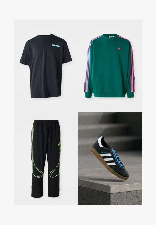 Πράσινο sweatshirt με μακριά μανίκια, στρογγυλή λαιμόκοψη, ροζ τρεις-γραμμές λεπτομέρειες στους ώμους και μικρό ροζ λογότυπο στο στήθος. Μαλακή υφή υφάσματος.; Μαύρο βαμβακερό μπλουζάκι κοντομάνικο, με στρογγυλή λαιμόκοψη και τουρκουάζ γραφικό λογότυπο στο αριστερό στήθος. Λείο υλικό, άνετη εφαρμογή.; Μαύρα αθλητικά παντελόνια Adidas με νεον πράσινες καμπύλες γραμμές και τρεις ρίγες στα πλάγια, ελαστική μέση και λογότυπο Adidas στο μπροστινό μπούστο.; Μαύρο αθλητικό παπούτσι Adidas με λευκές ρίγες, μπλε κορδόνια και καουτσούκ σόλα να αιωρείται πάνω από γκρίζο τσιμεντένιο σκαλοπάτι σε απαλό φως.