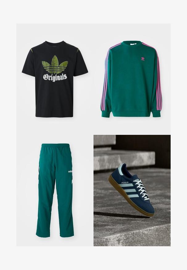 Sudadera verde con mangas largas, cuello redondo, acentos en tres franjas rosas en los hombros y pequeño logo rosa en el pecho. Textura de tela suave.; Camiseta de algodón negra con un gráfico verde desgastado que presenta tres rayas y la palabra "Originales" debajo en blanco, cuello redondo, mangas cortas.; Pantalones deportivos verdes hechos de tela ligera, con una cinturilla elástica, bolsillos laterales y el logo blanco de Adidas en el lado izquierdo.; Zapatilla azul Adidas Spezial con rayas y cordones blancos, suela de goma, flotando sobre una superficie de hormigón rugosa y escaleras de fondo.