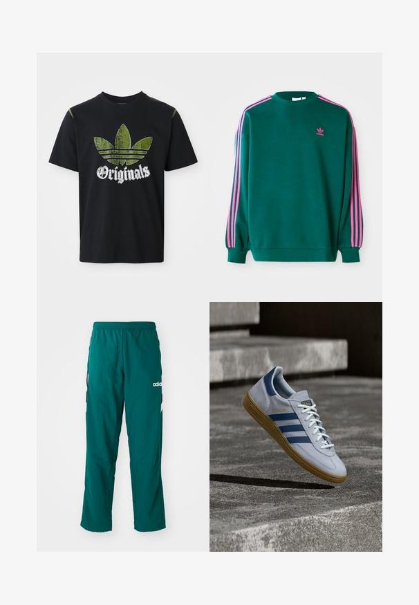 Grøn sweatshirt med lange ærmer, rund hals, pink tre-stribede detaljer på skuldrene og lille pink logo på brystet. Blødt stof.; Sort bomulds T-shirt med et slidt grønt grafik med tre striber og ordet "Originals" nedenfor i hvidt, rund halsudskæring, korte ærmer.; Grønne træningsbukser lavet af letvægtsstof, med elastisk talje, sidelommer og hvidt Adidas-logo på venstre side.; Lyseblå Adidas Spezial sneakers med marineblå striber og gummisål, vist i luften over betontrapper i et neutralt udendørsmiljø.