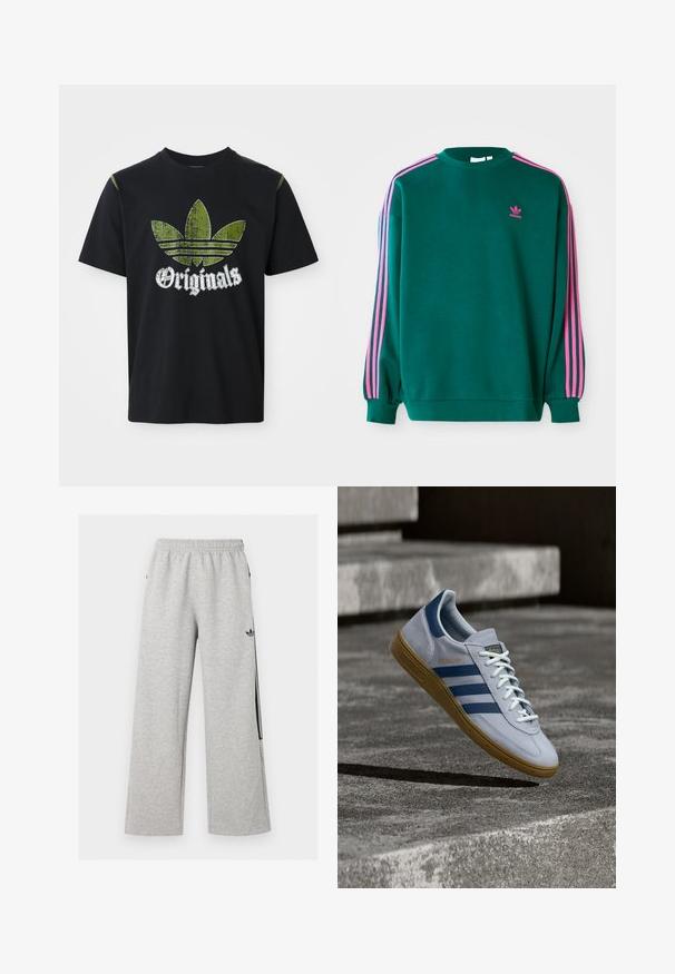 Grüner Sweatshirt mit langen Ärmeln, Rundhalsausschnitt, rosa drei Streifen Akzenten an den Schultern und kleinem rosa Logo auf der Brust. Weiche Stoffstruktur.; Schwarzes Baumwoll-T-Shirt mit einem abgenutzten grünen Grafikdesign, das drei Streifen zeigt, sowie dem Wort "Originals" darunter in Weiß. Rundhalsausschnitt, kurze Ärmel.; Hellgraue weite Sweatpants mit elastischem Bund und schwarzem Adidas Trefoil-Logo am rechten Oberschenkel.; Hellblauer Adidas Spezial Sneaker mit dunkelblauen Streifen und Gummisohle, in der Luft über Betontreppen in neutralem Außenbereich gezeigt.