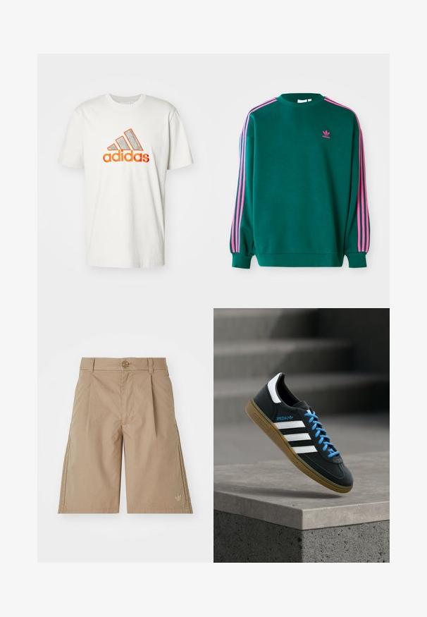 Πράσινο sweatshirt με μακριά μανίκια, στρογγυλή λαιμόκοψη, ροζ τρεις-γραμμές λεπτομέρειες στους ώμους και μικρό ροζ λογότυπο στο στήθος. Μαλακή υφή υφάσματος.; Λευκό βαμβακερό T-shirt με μεγάλο λογότυπο Adidas σε πορτοκαλί και ασημί χρώμα, συνοδευόμενο από τρεις διαγώνιες γραμμές. Έχει κοντά μανίκια και στρογγυλή λαιμόκοψη.; Μπεζ βαμβακερές βερμούδες με ίσια γραμμή, πτυχώσεις μπροστά και κλείσιμο με ένα κουμπί. Περιέχουν ένα διακριτικό λογότυπο στην κάτω αριστερή πλευρά.; Μαύρο αθλητικό παπούτσι Adidas με λευκές ρίγες, μπλε κορδόνια και καουτσούκ σόλα να αιωρείται πάνω από γκρίζο τσιμεντένιο σκαλοπάτι σε απαλό φως.