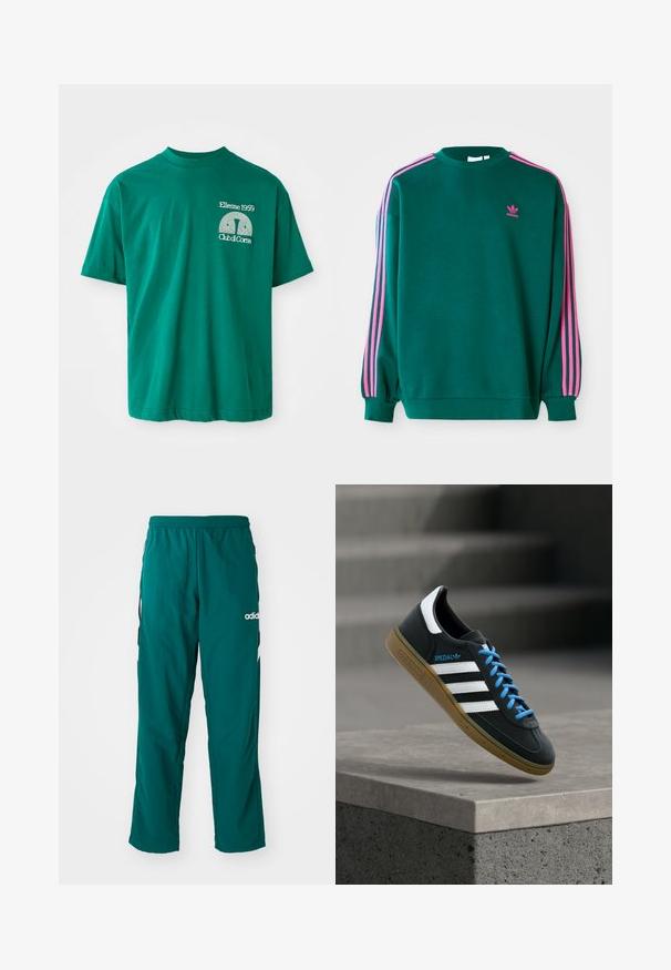 Sudadera verde con mangas largas, cuello redondo, acentos en tres franjas rosas en los hombros y pequeño logo rosa en el pecho. Textura de tela suave.; Camiseta de algodón verde con escote redondo. Presenta un estampado gráfico en blanco que dice "Ellesse 1959 Club di Corsa" en el lado izquierdo del pecho.; Pantalones deportivos verdes hechos de tela ligera, con una cinturilla elástica, bolsillos laterales y el logo blanco de Adidas en el lado izquierdo.; Zapatilla negra Adidas con franjas blancas, cordones azules y suela de goma flotando sobre un escalón de hormigón gris con luz suave.