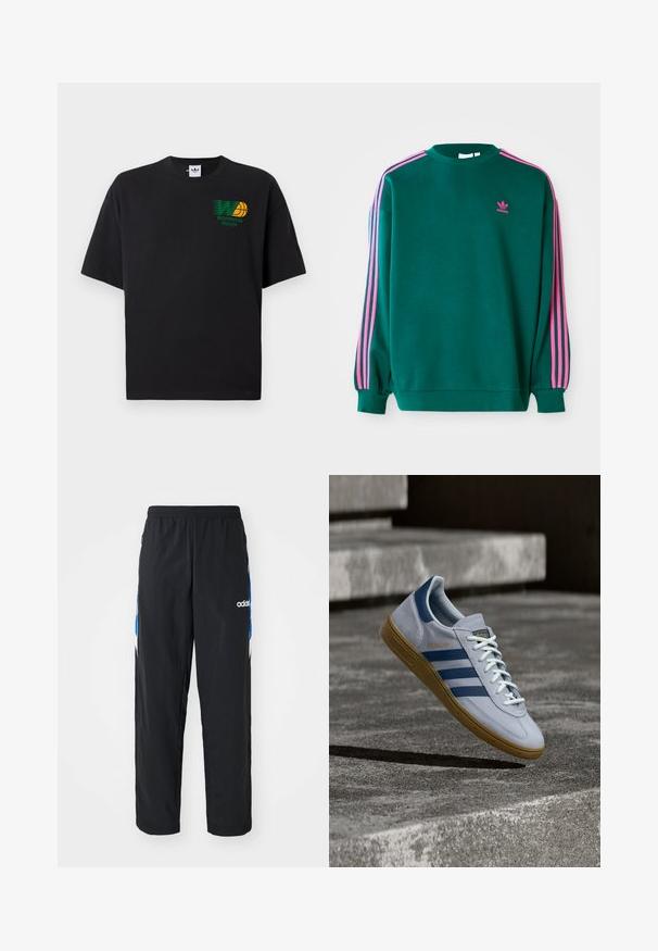 Grüner Sweatshirt mit langen Ärmeln, Rundhalsausschnitt, rosa drei Streifen Akzenten an den Schultern und kleinem rosa Logo auf der Brust. Weiche Stoffstruktur.; Schwarzes Baumwoll-T-Shirt mit kurzen Ärmeln. Auf der Vorderseite befindet sich ein grünes und gelbes "Worldwide Hoops"-Grafik. Lockere Passform, runder Halsausschnitt.; Schwarze Sporthose mit elastischem Bund, ausgestattet mit blauen und weißen grafischen Akzenten an den Seiten und einem gestickten Logo.; Hellblauer Adidas Spezial Sneaker mit dunkelblauen Streifen und Gummisohle, in der Luft über Betontreppen in neutralem Außenbereich gezeigt.
