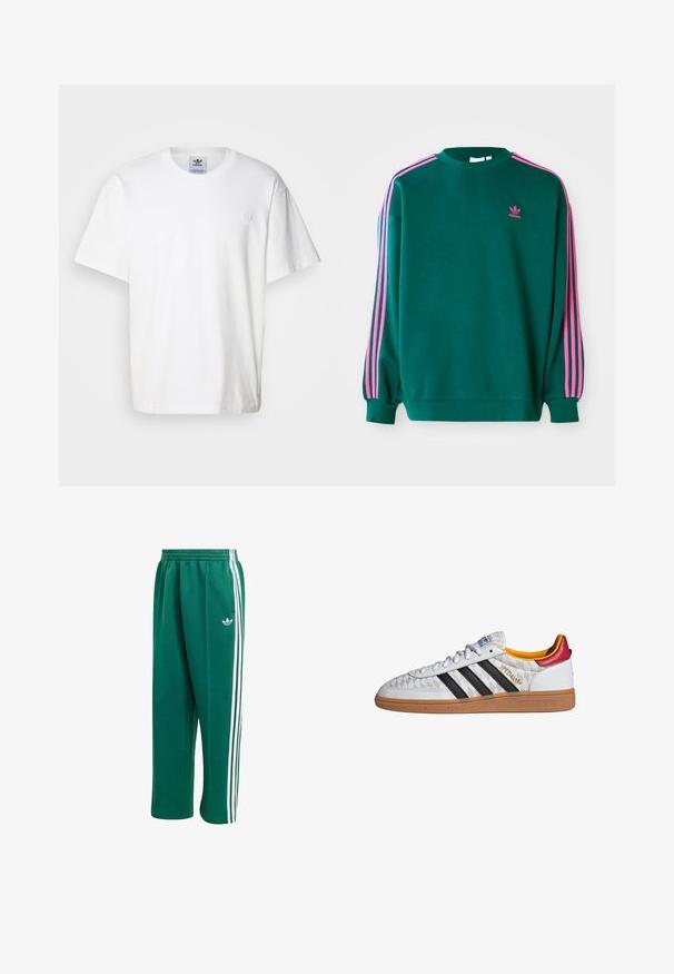 Sudadera verde con mangas largas, cuello redondo, acentos en tres franjas rosas en los hombros y pequeño logo rosa en el pecho. Textura de tela suave.; Camiseta de algodón blanca con cuello redondo y mangas cortas. Presenta un pequeño logotipo bordado en el pecho. Diseño simple y clásico.; Pantalones deportivos verdes de mezcla de algodón, con franjas laterales blancas y un pequeño logo blanco en la parte superior de la pierna izquierda. Cintura elástica.; Zapatilla Adidas Spezial blanca con rayas negras, suela de goma, patrón acolchado, lengüeta roja en el talón y forro interior amarillo, vista lateral.