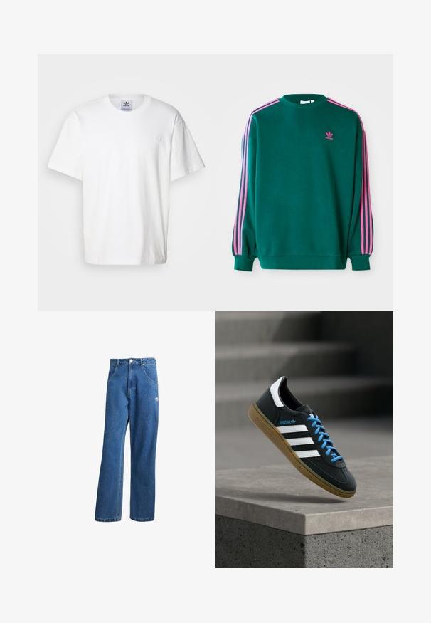 Sudadera verde con mangas largas, cuello redondo, acentos en tres franjas rosas en los hombros y pequeño logo rosa en el pecho. Textura de tela suave.; Camiseta de algodón blanca con cuello redondo y mangas cortas. Presenta un pequeño logotipo bordado en el pecho. Diseño simple y clásico.; Vaqueros de mezclilla anchos de talle alto en azul, con bolsillos frontales, presillas para cinturón, cierre de botón y pequeño logo de Adidas en el muslo derecho.; Zapatilla negra Adidas con franjas blancas, cordones azules y suela de goma flotando sobre un escalón de hormigón gris con luz suave.