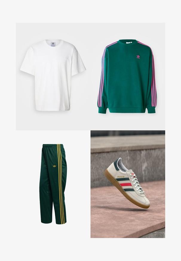 Sudadera verde con mangas largas, cuello redondo, acentos en tres franjas rosas en los hombros y pequeño logo rosa en el pecho. Textura de tela suave.; Camiseta de algodón blanca con cuello redondo y mangas cortas. Presenta un pequeño logotipo bordado en el pecho. Diseño simple y clásico.; Pantalones de chándal verdes con rayas, hechos de un material suave, con franjas laterales amarillas y un pequeño logo en la parte delantera. Incluye bolsillo con cremallera.; Zapatilla blanca Adidas con franjas verdes y rojas, suela de goma y marca "SPEZIAL" flotando sobre pavimento de piedra.