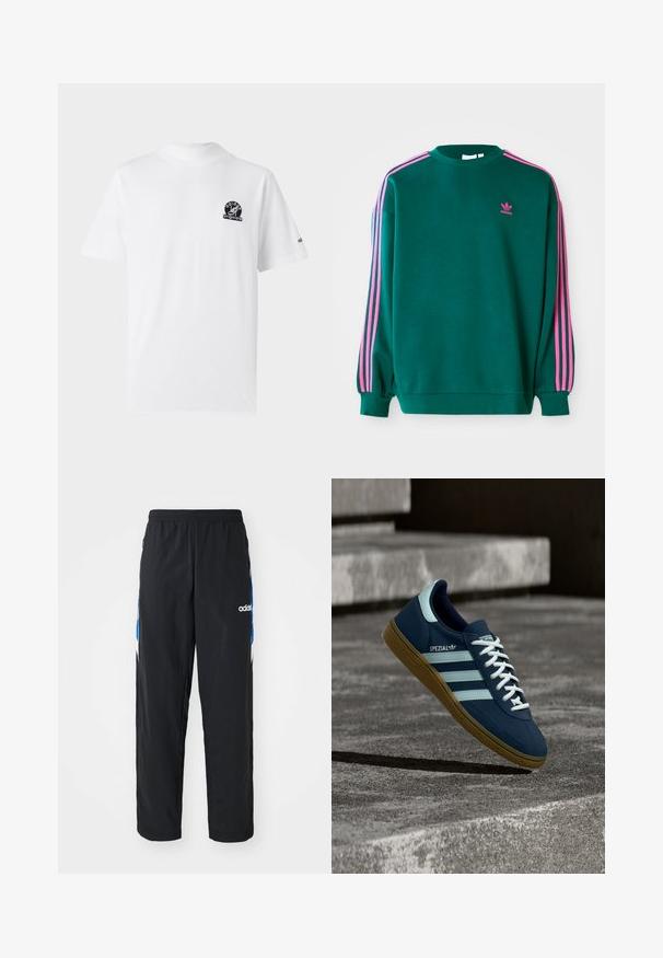 Πράσινο sweatshirt με μακριά μανίκια, στρογγυλή λαιμόκοψη, ροζ τρεις-γραμμές λεπτομέρειες στους ώμους και μικρό ροζ λογότυπο στο στήθος. Μαλακή υφή υφάσματος.; Λευκό βαμβακερό T-shirt με κοντά μανίκια. Διαθέτει ένα μαύρο λογότυπο στο αριστερό στήθος και ένα μικρό λογότυπο στον δεξί μανίκι. Κλασική εφαρμογή.; Μαύρο αθλητικό παντελόνι με ελαστική μέση, διακοσμημένο με μπλε και λευκές γραφικές λεπτομέρειες στις πλευρές, και κεντημένο λογότυπο.; Μπλε sneaker Adidas Spezial με λευκές ρίγες και κορδόνια, λαστιχένια σόλα, αιωρείται πάνω από τραχιά επιφάνεια σκυροδέματος και σκαλοπάτια στο φόντο.