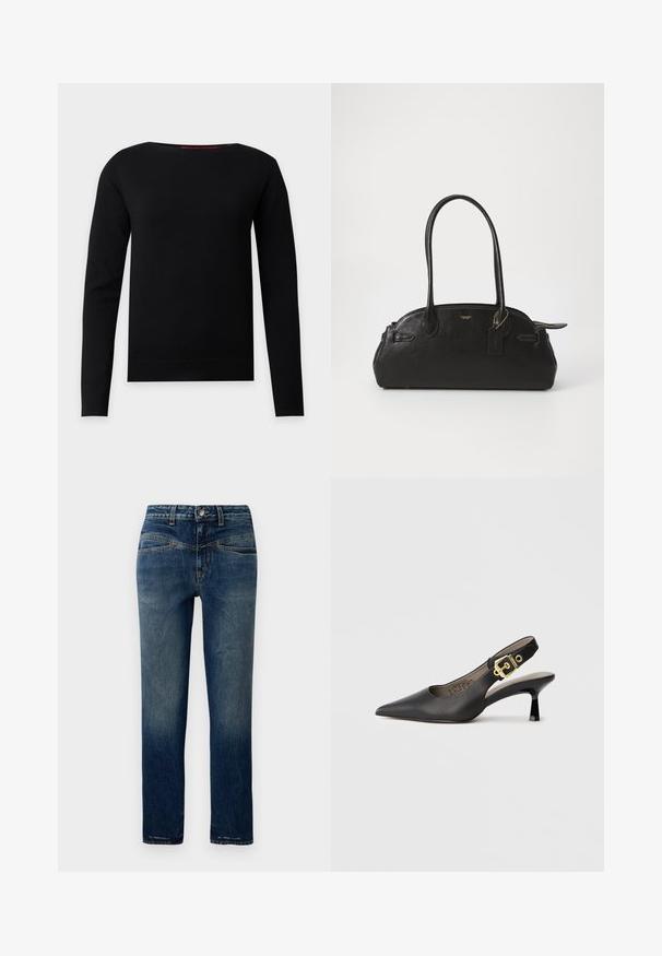 Sort langærmet crew neck-pullover med et enkelt, tætsiddende design på en lys grå baggrund.; Mørkeblå denim jeans med lige snit, der har lys fading, orange syninger og en knaplukning i taljen.; Sort slingback højhælt sko med spids tå, glat læderstruktur og en guldfarvet spændeaccent på remmen.; Sort læderhåndtaske i rund form, med to lange håndtag, guldfarvet hardware og et lille mærke vedhæftet. Lynlåslukning på toppen.