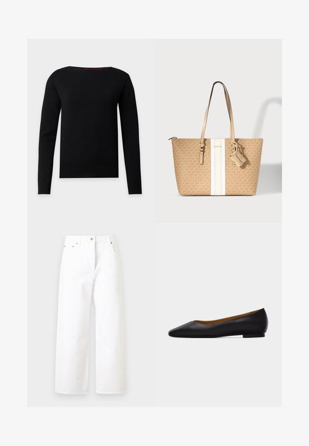 Pull noir à manches longues avec col rond, design simple et ajusté sur un fond gris clair.; Jean blanc taille haute à jambes larges avec fermeture par boutons et zip, poches avant, et détails en rivets de cuivre.; Chaussure plate en cuir noir à bout pointu avec talon bas et finition lisse, vue de côté sur un fond gris clair.; Sac fourre-tout beige Michael Kors avec motif logo répété, bande centrale blanche, doubles poignées et petite pochette attachée.