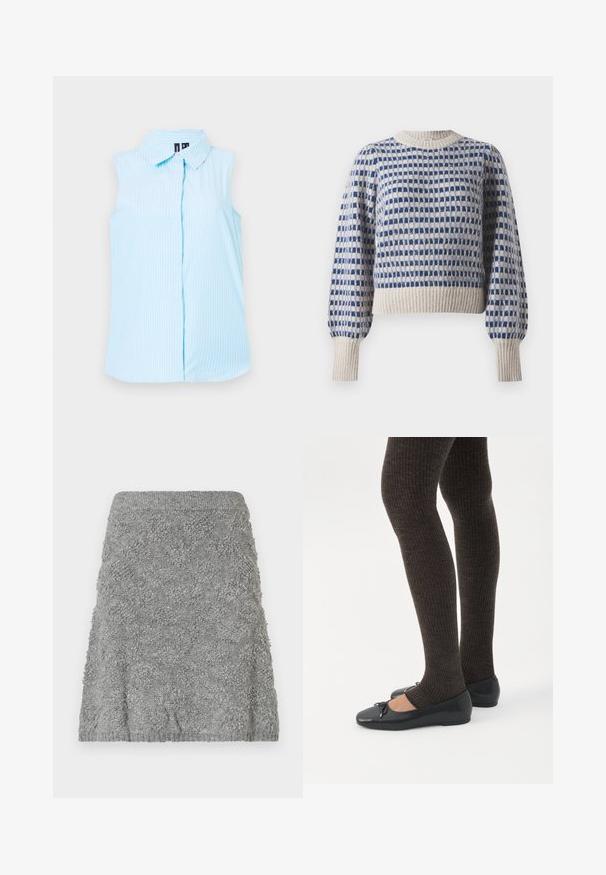 Jersey de punto con un patrón de cuadrícula en azul y crema, con puños y dobladillo acanalados. Tela suave y texturizada, cuello redondo.; Camisa sin mangas de color azul claro con cuello tipo polo, rayas verticales blancas y un solo botón en el frente.; Falda de punto gris con una superficie texturizada que presenta un patrón burbujeante. La cinturilla es acanalada, y el diseño general es ajustado y acampanado.; Piernas con leggings oscuros acanalados combinados con bailarinas negras que presentan pequeños detalles de lazo sobre un fondo blanco.