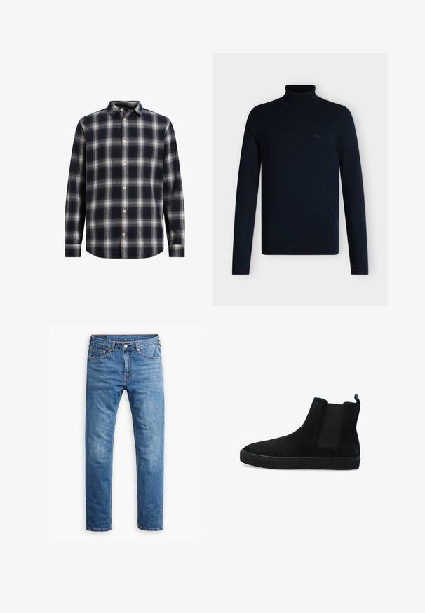 Langærmet sort rullekrave trøje med ribbet krave, manchetter og kant, vist på en ensfarvet hvid baggrund.; Marineblå og cremeplaid flannel skjorte med knapkrave, lange ærmer og beige knapper; har en blød tekstur og en struktureret form.; Lyseblå denimjeans med lige ben, fem lommer og klassisk knappelukning samt lynlås. Subtil slidt tekstur.; Sorte ruskind ankelstøvler med elastiske sidepaneler og en struktureret sort gummisål. Har en pull tab bagpå for nem påtagning.