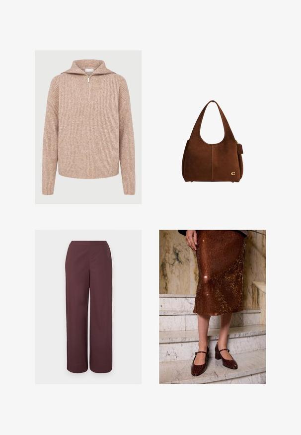 Beige ribbet strikket sweater med lange ærmer, en halv-lynlås foran og en bred ombukket krave.; Brune bredbenede bukser med høj talje, glat front og sidelommer, vist mod en ensartet lys baggrund.; Kvinne iført en brun paljettemidi-skjørt og mørkebrune krokodille-teksturerte Mary Jane-hæler som står på marmortrapper.; Brun ruskind skuldertaske med enkelt rem, gyldent logohardware foran og lille lædermærkat fastgjort til lynlåstræk.