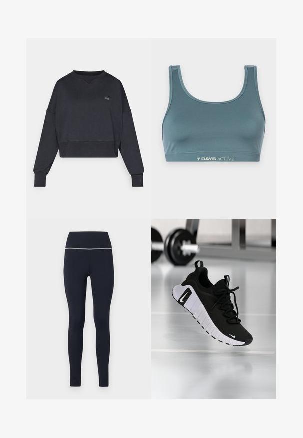 Sort cropped sweatshirt med lange ærmer. Har ribbede manchetter og kant, en rund halsudskæring og et lille logo på brystet. Blød tekstur.; Sportsbh i mørk teal, lavet af blød, strækbar stof. Har en scoop-halsudskæring og en elastisk bånd med "7 DAYS ACTIVE" trykt i lys farve.; Marineblå tætsiddende leggings lavet af strækbart stof, med en bred talje med reflekterende kant langs toppen for synlighed.; Sort atletiksko med en tekstureret stofoverdel, hvid sål og fremtrædende snøresystem. Indeholder en Nike-logo og et blødt, polstret design.