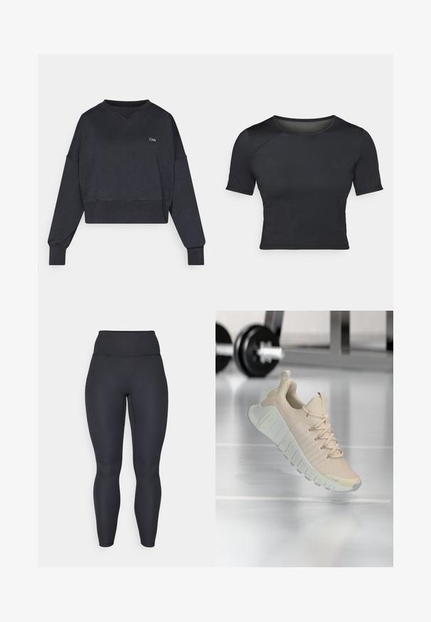 Must must lühikeste varrukatega lõigatud pusa. Omadused: soonikkoes mansetid ja alaäär, ümar kaelus ning väike logo rinnal. Pehme tekstuur.; Must värviline lühikeste varrukatega crop top, mis on valmistatud siledast ja venivast kangast, ümmarguse kaelusega ja õlgadel peente õmblusdetailidega.; Kõrge vöökohaga mustad ribakanga leggingsid, millel on täpselt sobiv disain, sile tekstuur ja täispikkus. Omab laia vööd toetuse tagamiseks.; Kerge toss halli-beežis pehmes toonis. Omadusteks on tekstuuriga pealne, lamedad paelad ja paks, soonelise tallaga tald, millel on õrnad brändinguelemendid.